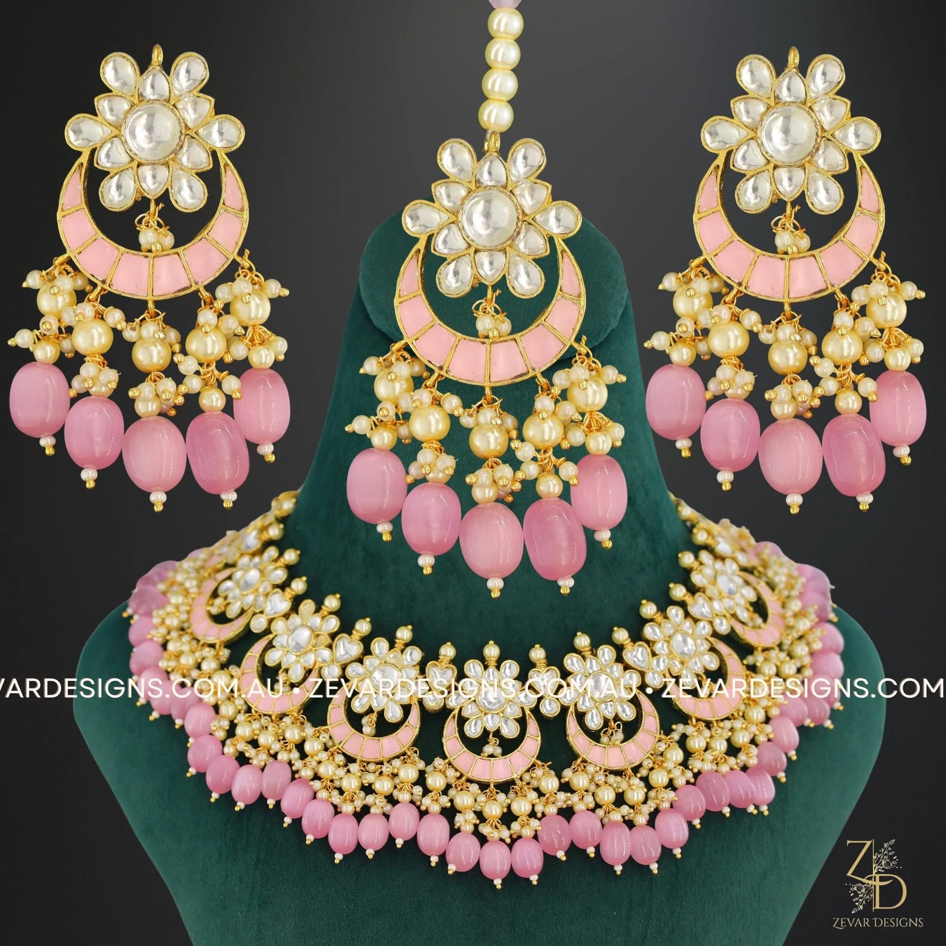 Pachi Kundan Necklace Set with Tikka Baby Pink Drops