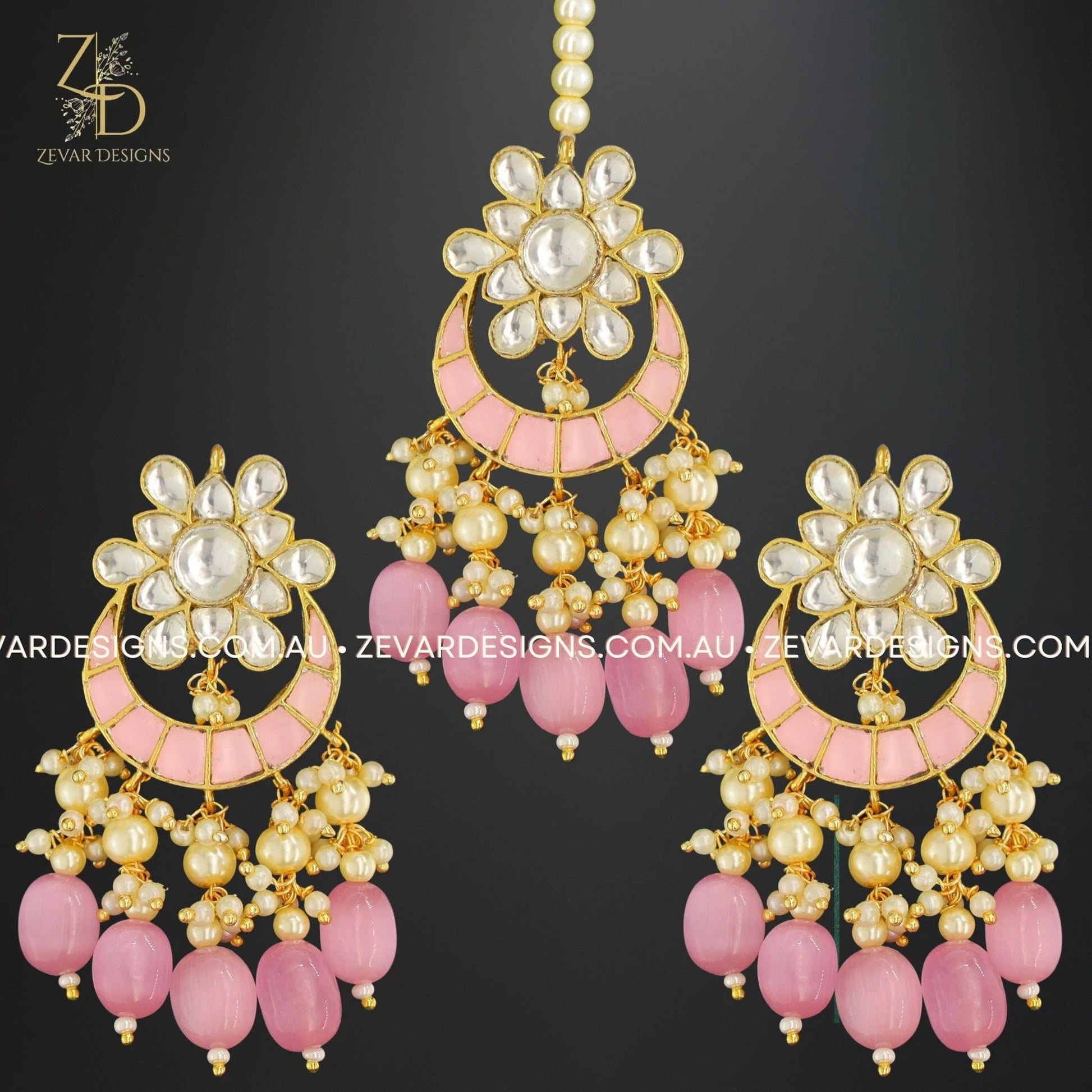 Zevar Designs Designer Necklace Sets Pachi Kundan Necklace Set with Tikka - Baby Pink Drops