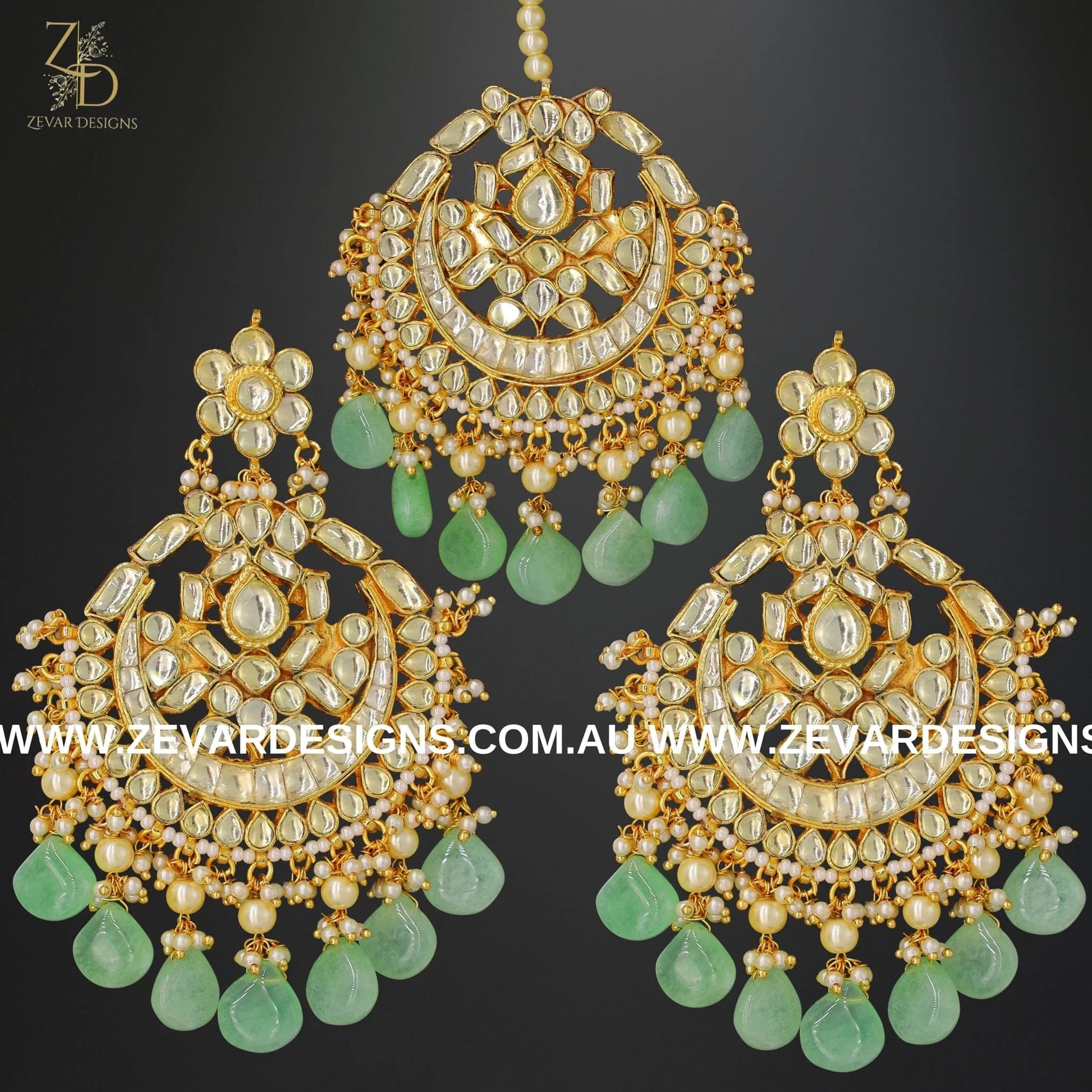 Zevar Designs Designer Necklace Sets Pachi Kundan Necklace Set with Tikka - Mint Green