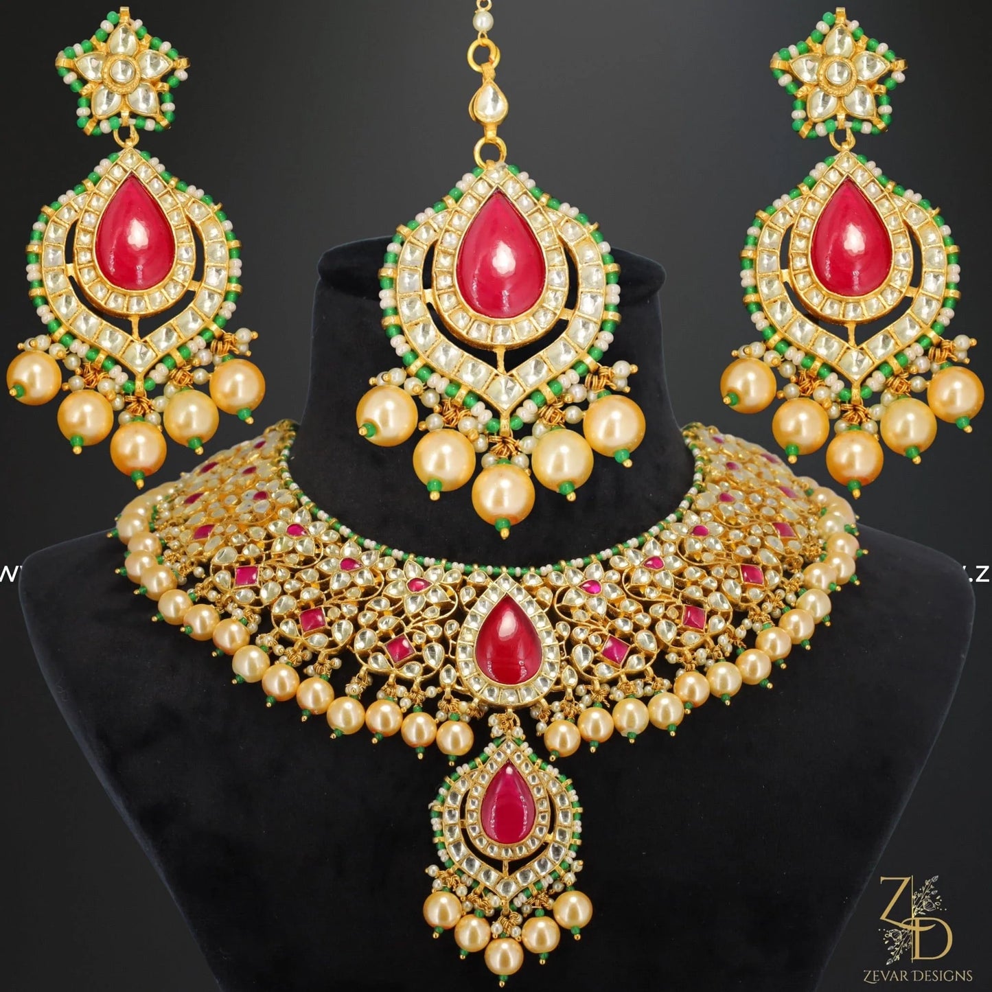 Zevar Designs Designer Necklace Sets Pachi Kundan Necklace Set with Tikka - Red