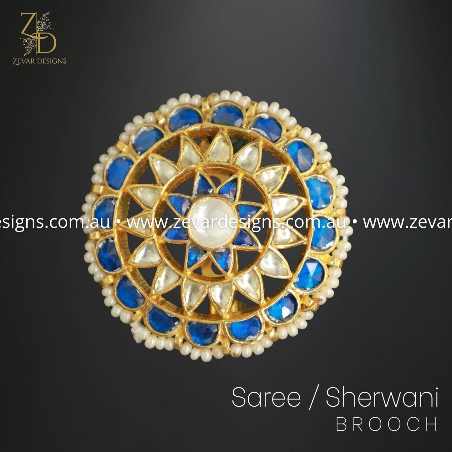 Zevar Designs Accessories Pachi Kundan Saree/Sherwani Brooch - Blue