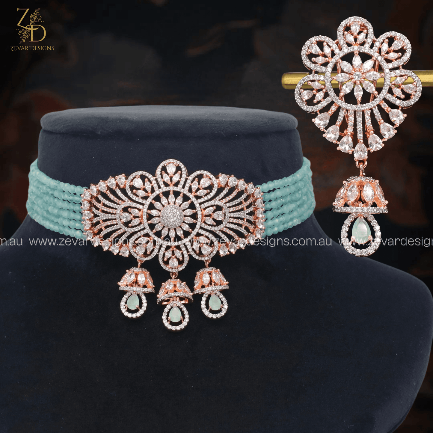 Zevar Designs Necklace Sets - AD Rose Gold AD Choker Set - Mint