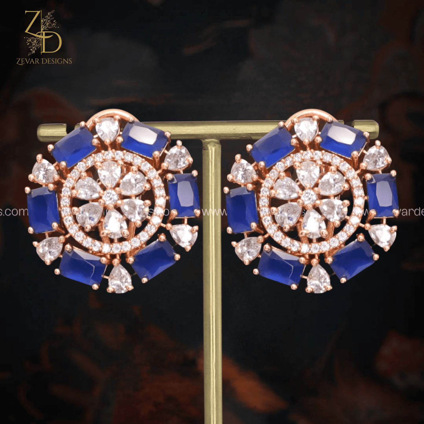 Zevar Designs Indo-Western Earrings Rose Gold AD/Zircon Studs - Blue