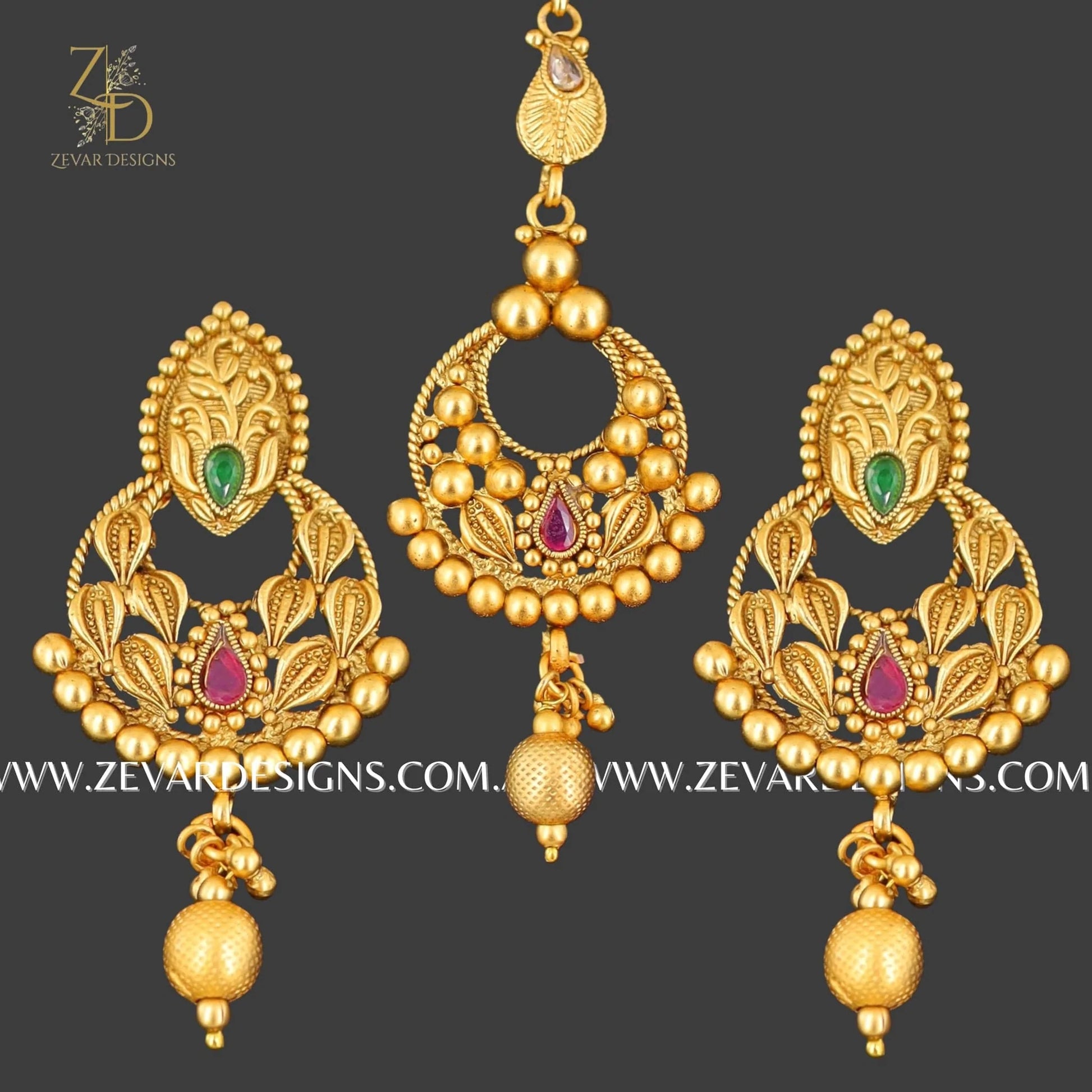 Zevar Designs South Indian South Indian Antique Necklace Set with Tikka - Multi