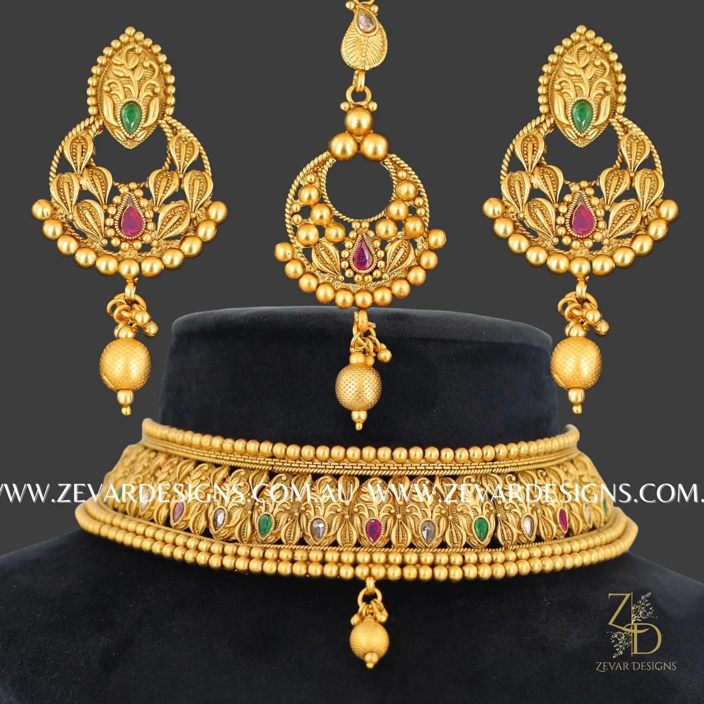 Zevar Designs South Indian South Indian Antique Necklace Set with Tikka - Multi
