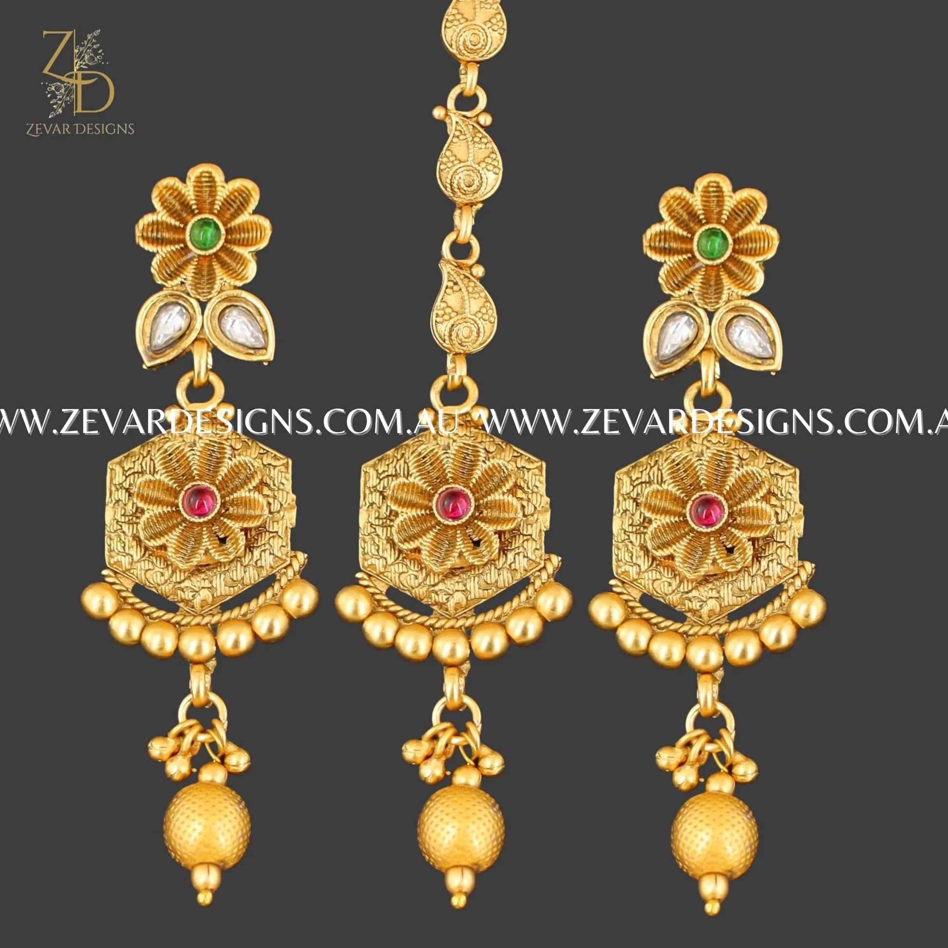 Zevar Designs South Indian South Indian Necklace Set with Tikka - Red