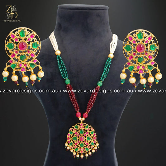 Zevar Designs South Indian South Indian Pendant Set - Red & Green