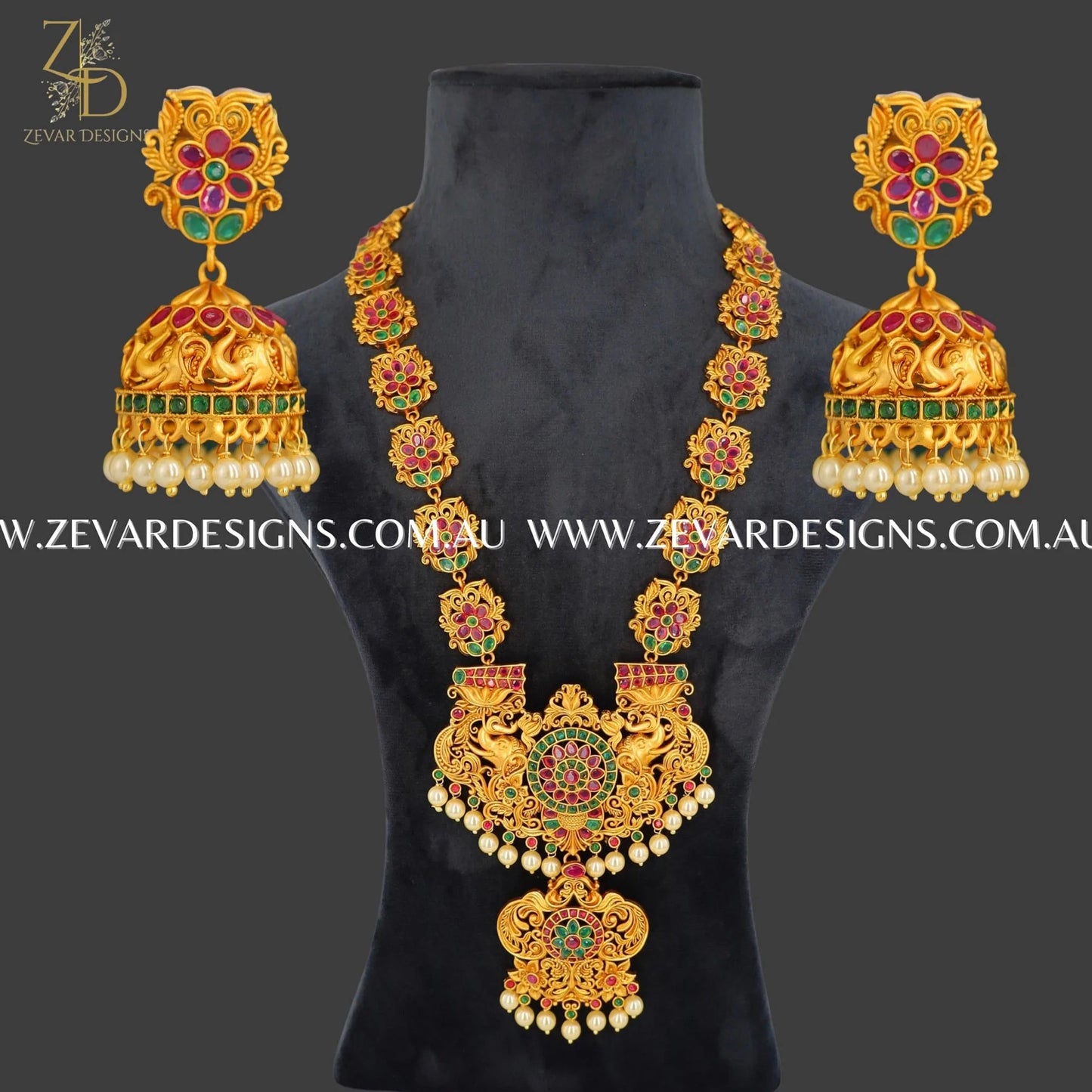 Zevar Designs South Indian Temple Long Necklace Set in Red and Green