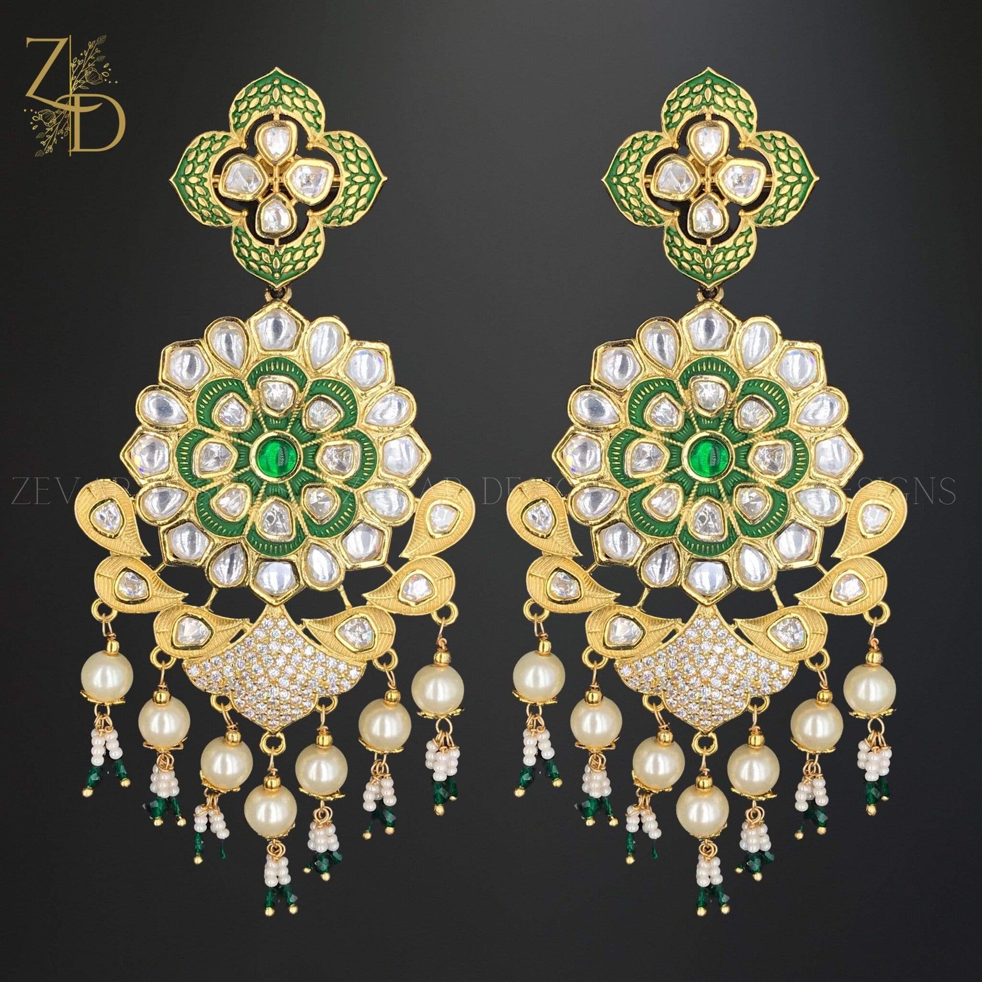 Zevar Designs Kundan Chandbali Traditional Kundan Hangings - Emerald Green