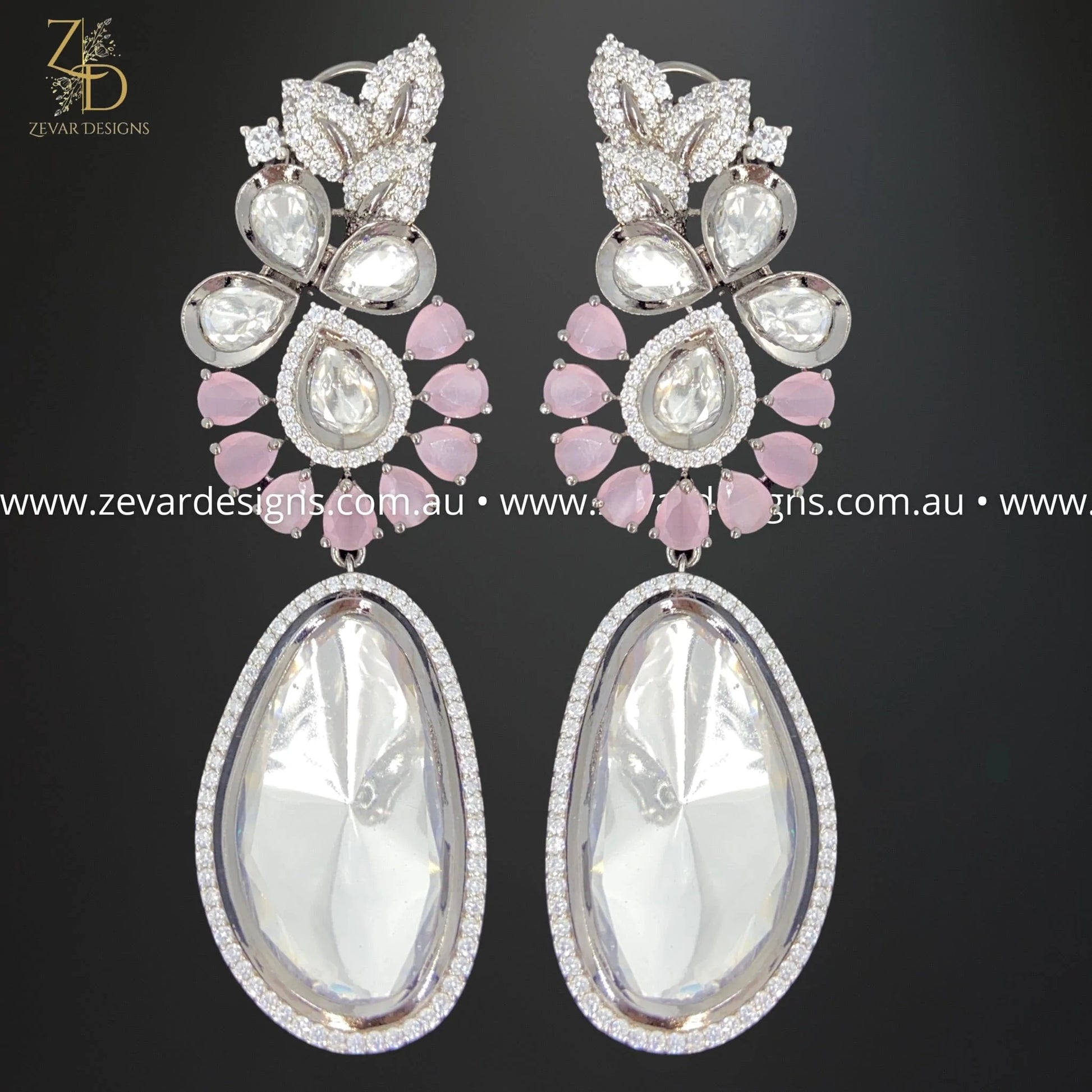 Zevar Designs Fusion-Amrapali Uncut Kundan AD Victorian Earrings - Pink