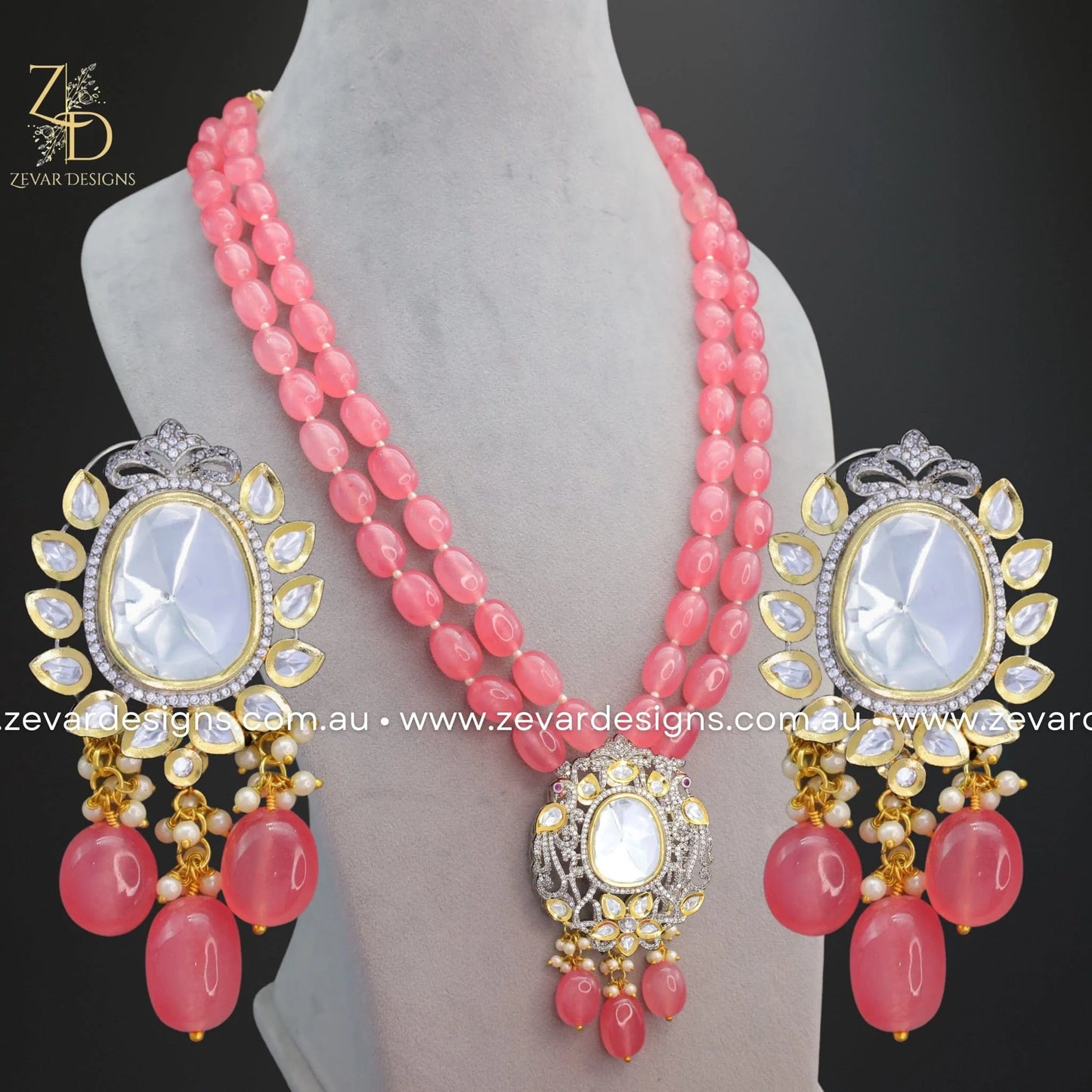 Zevar Designs Long Necklace Sets Uncut Kundan and AD Dual Finish Long Set - Carrot Red
