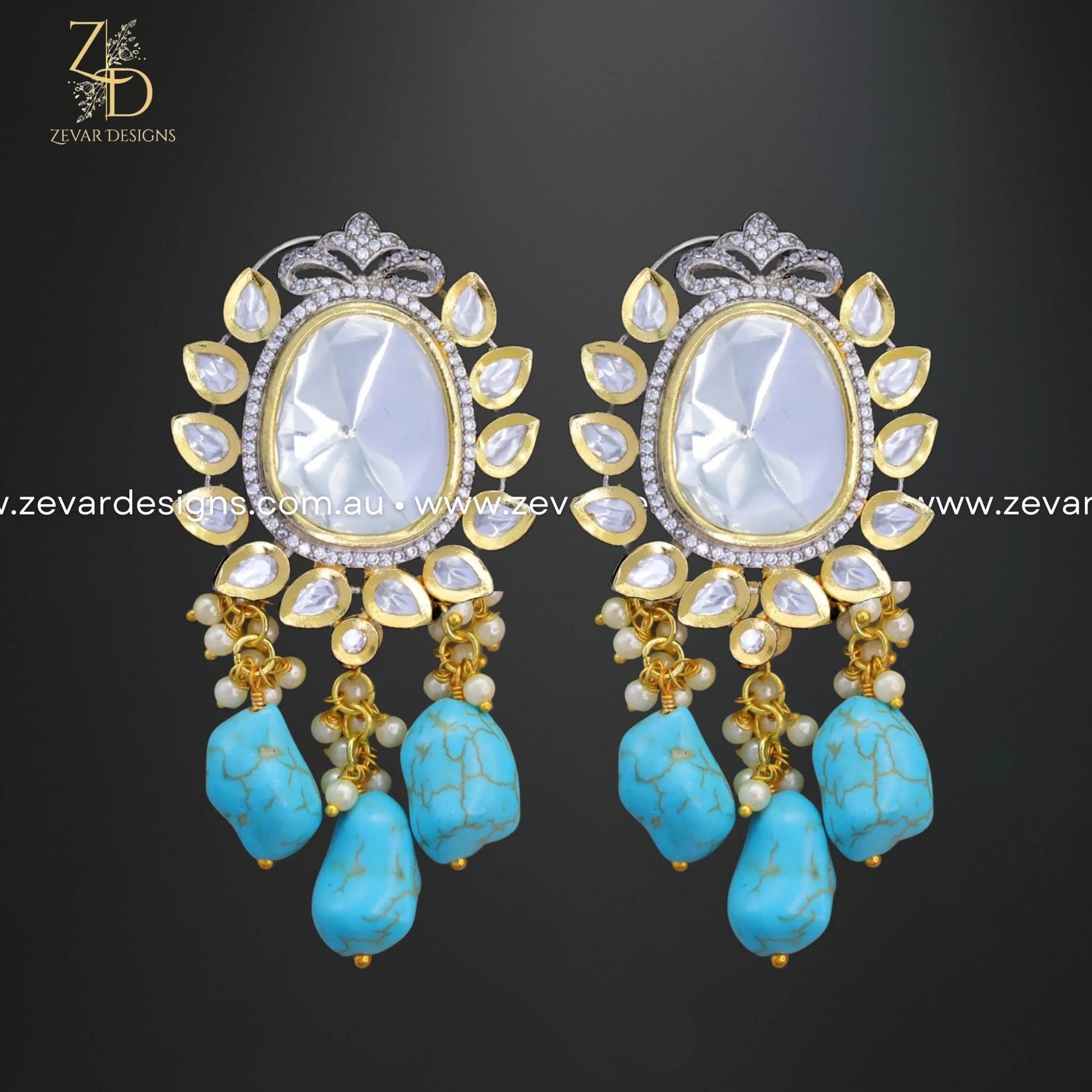 Zevar Designs Long Necklace Sets Uncut Kundan and AD Dual Finish Long Set - Turquoise