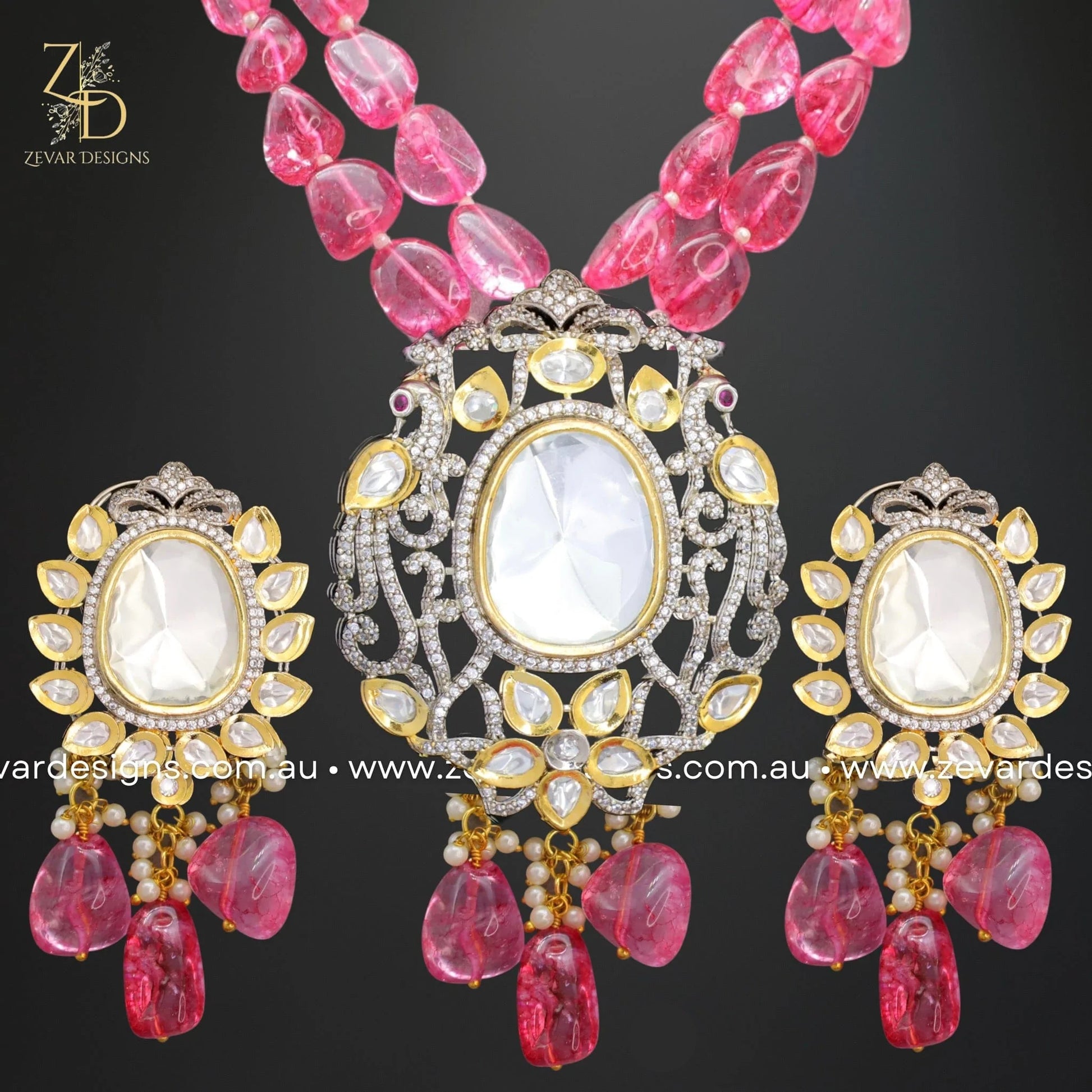 Zevar Designs Long Necklace Sets Uncut Kundan and AD Dual Finish Long Set - Wine Red