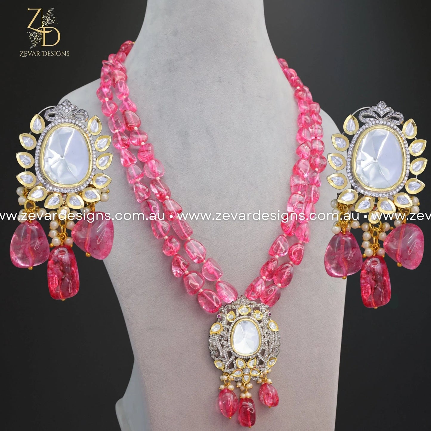 Zevar Designs Long Necklace Sets Uncut Kundan and AD Dual Finish Long Set - Wine Red