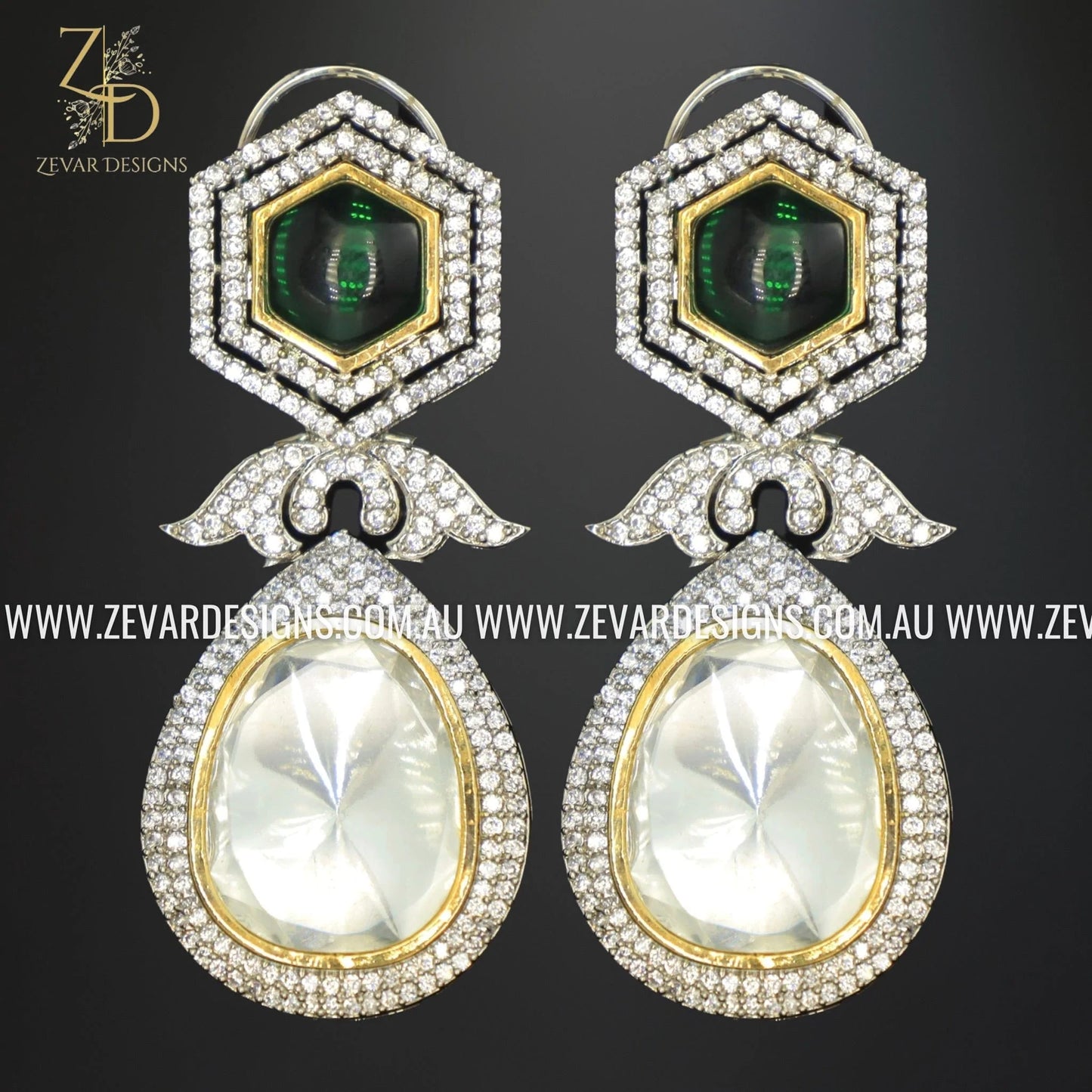 Zevar Designs Fusion-Amrapali Uncut Kundan Earrings - Green and Black Rhodium