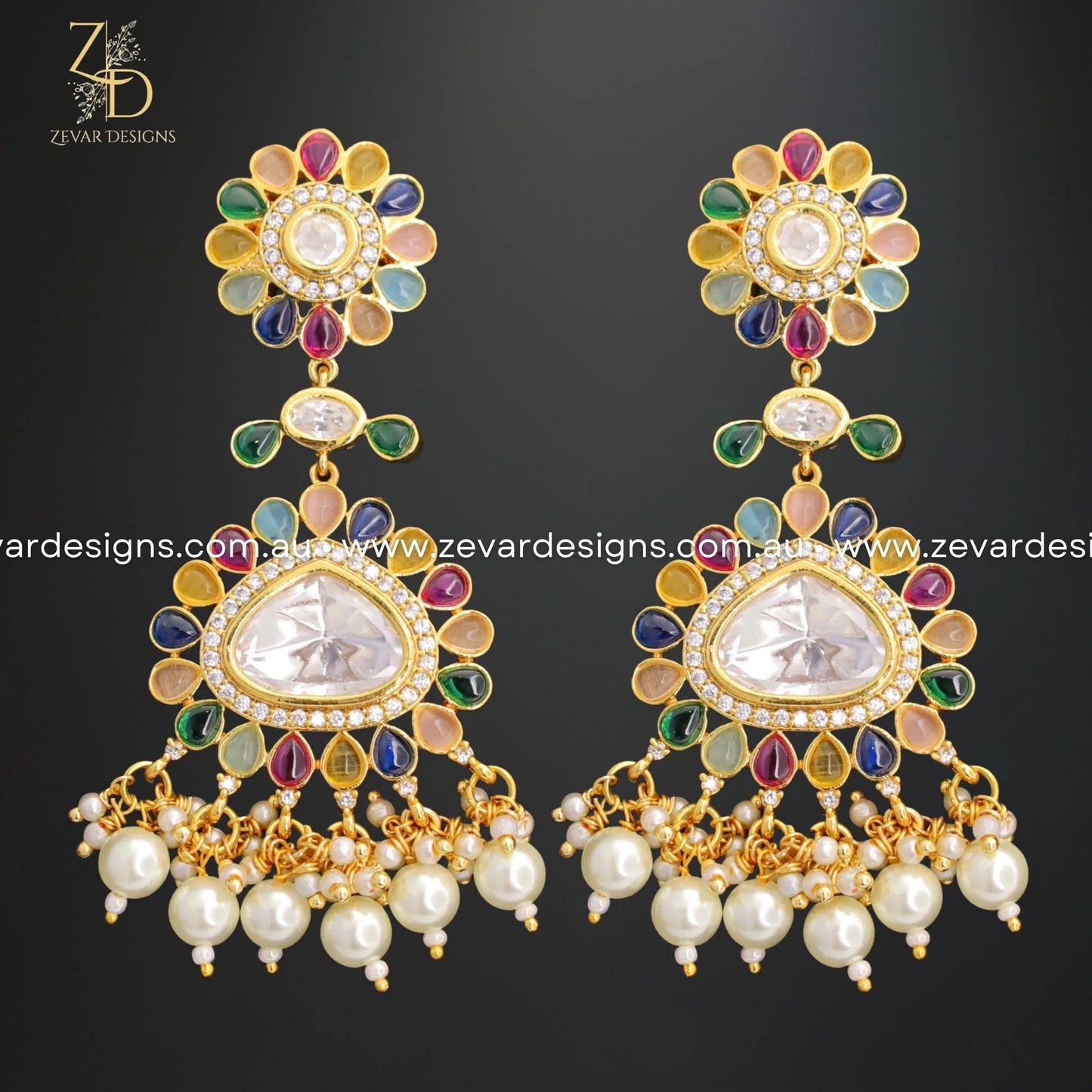 Zevar Designs Kundan Earrings Uncut Kundan Polki Earrings - Multicolor