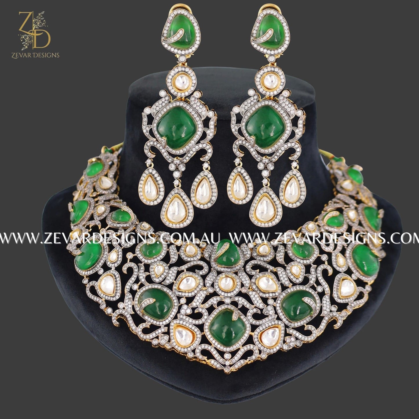 Zevar Designs Designer Necklace Sets Uncut Kundan Polki Necklace Set - Green