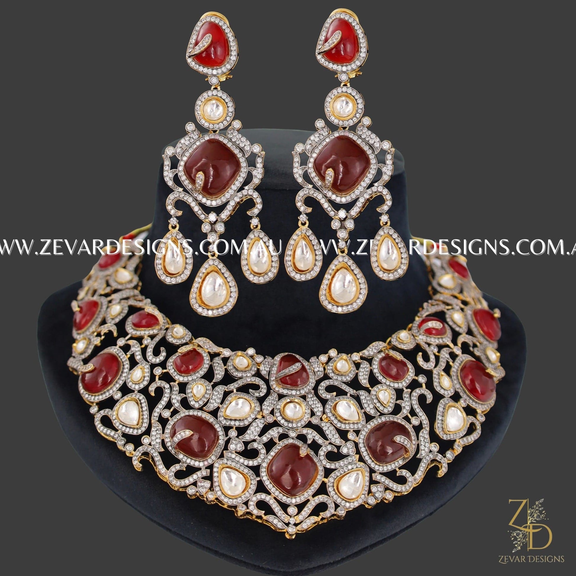 Zevar Designs Designer Necklace Sets Uncut Kundan Polki Necklace Set - Red