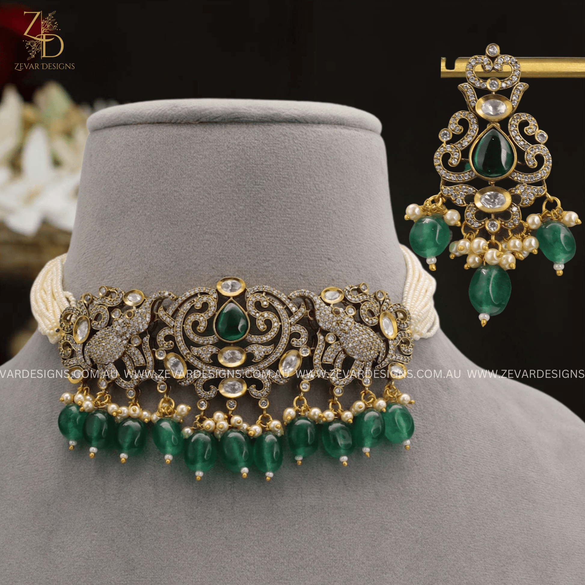 Zevar Designs Necklace Sets Victorian Dual Finish Kundan AD Choker Set - Emerald Green