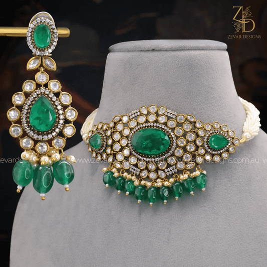Zevar Designs Necklace Sets Victorian Finish Kundan Choker Set-Emerald Green