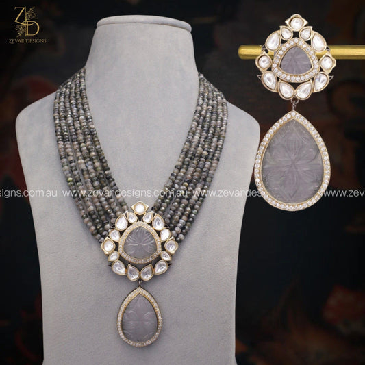 Zevar Designs Long Necklace Sets Victorian Kundan Polki & AD Set - Grey
