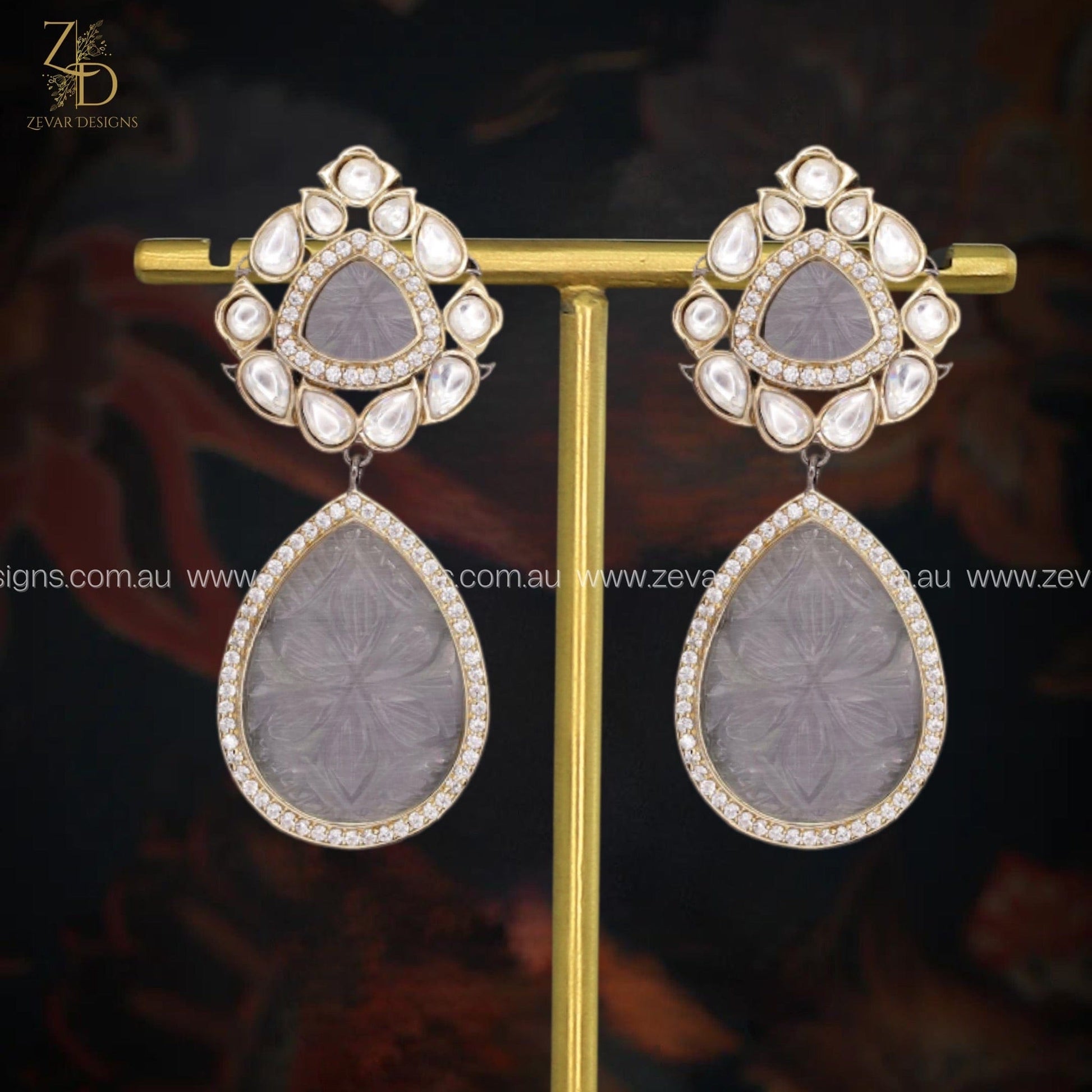 Zevar Designs Long Necklace Sets Victorian Kundan Polki & AD Set - Grey