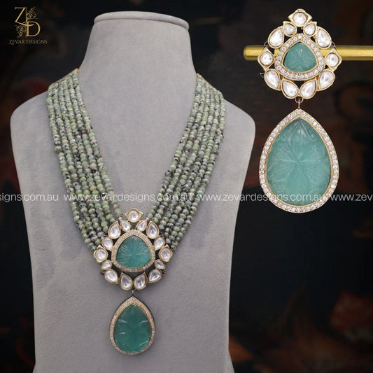 Zevar Designs Long Necklace Sets Victorian Kundan Polki & AD Set - Mint