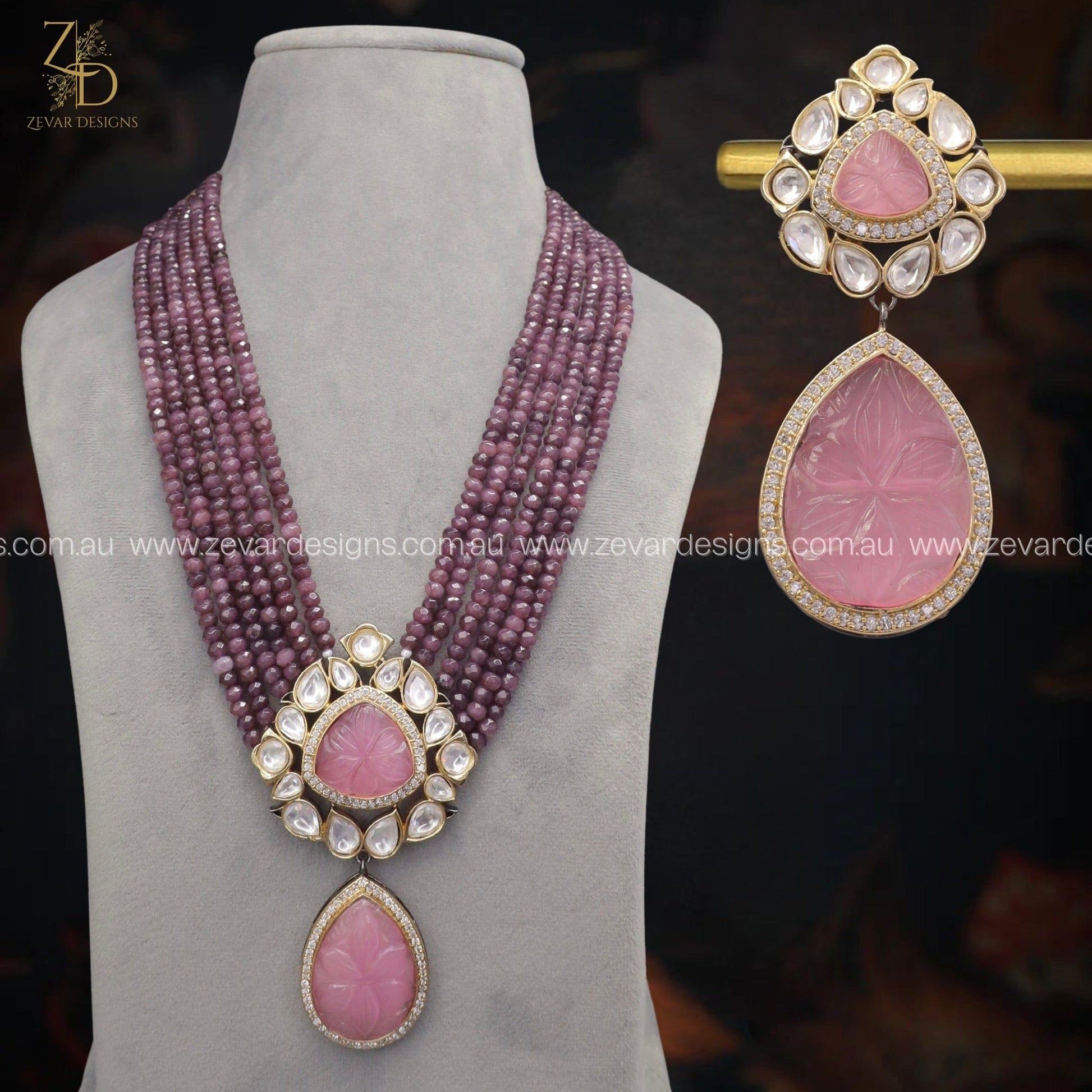 Zevar Designs Long Necklace Sets Victorian Kundan Polki & AD Set - Purple Pink