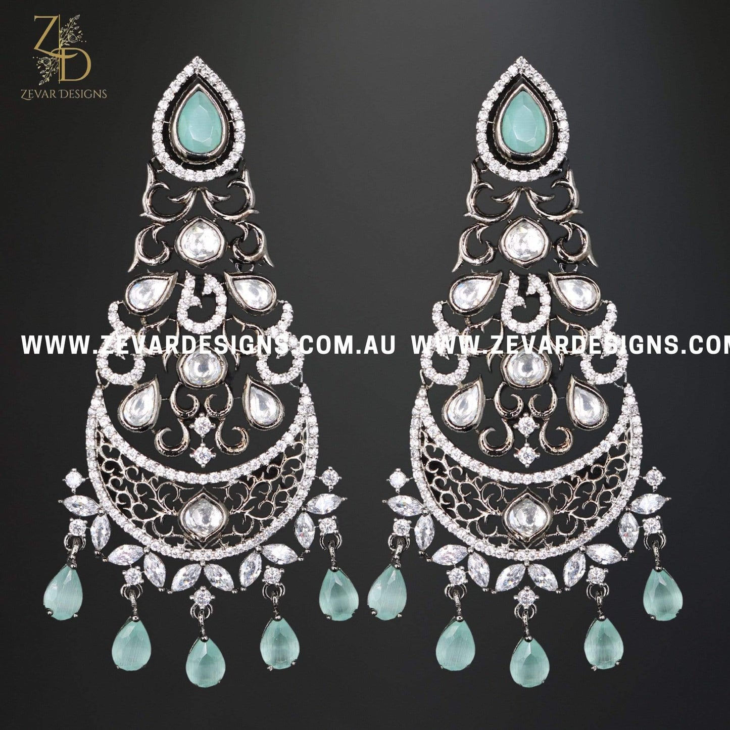 Zevar Designs Indo-Western Earrings Zircon Earrings in Mint Green and Black Rhodium