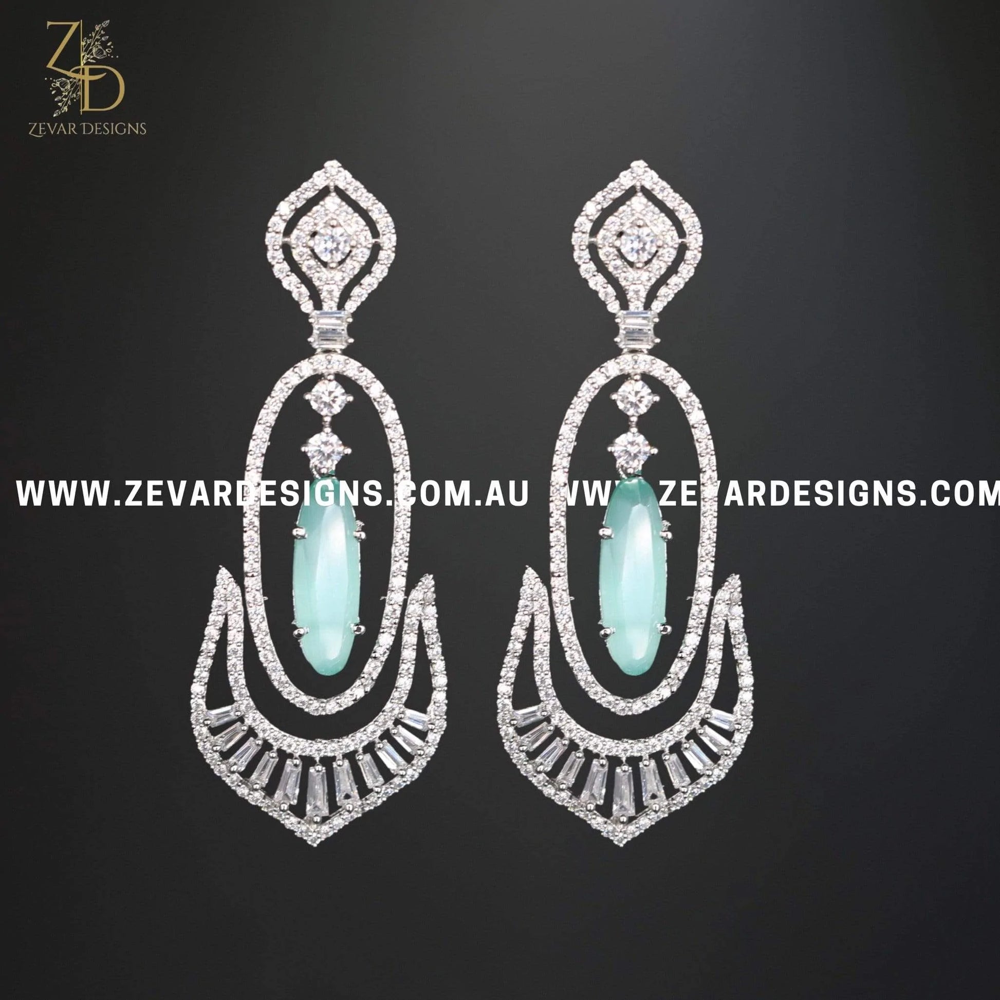 Zevar Designs Indo-Western Earrings Zircon Earrings in Mint Green and White Rhodium