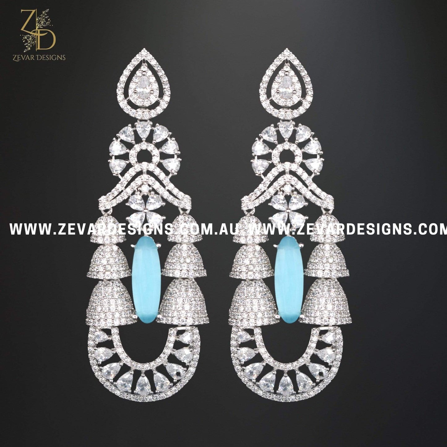 Zevar Designs Indo-Western Earrings Zircon Earrings in Ocean Blue and White Rhodium