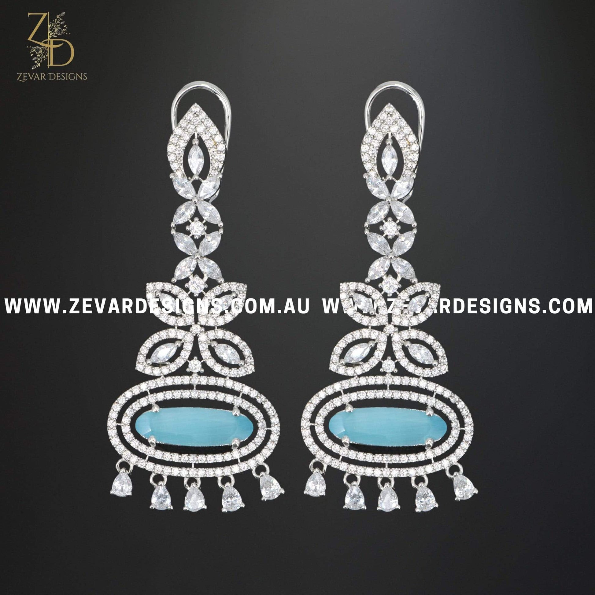 Zevar Designs Indo-Western Earrings Zircon Earrings in Ocean Blue and White Rhodium