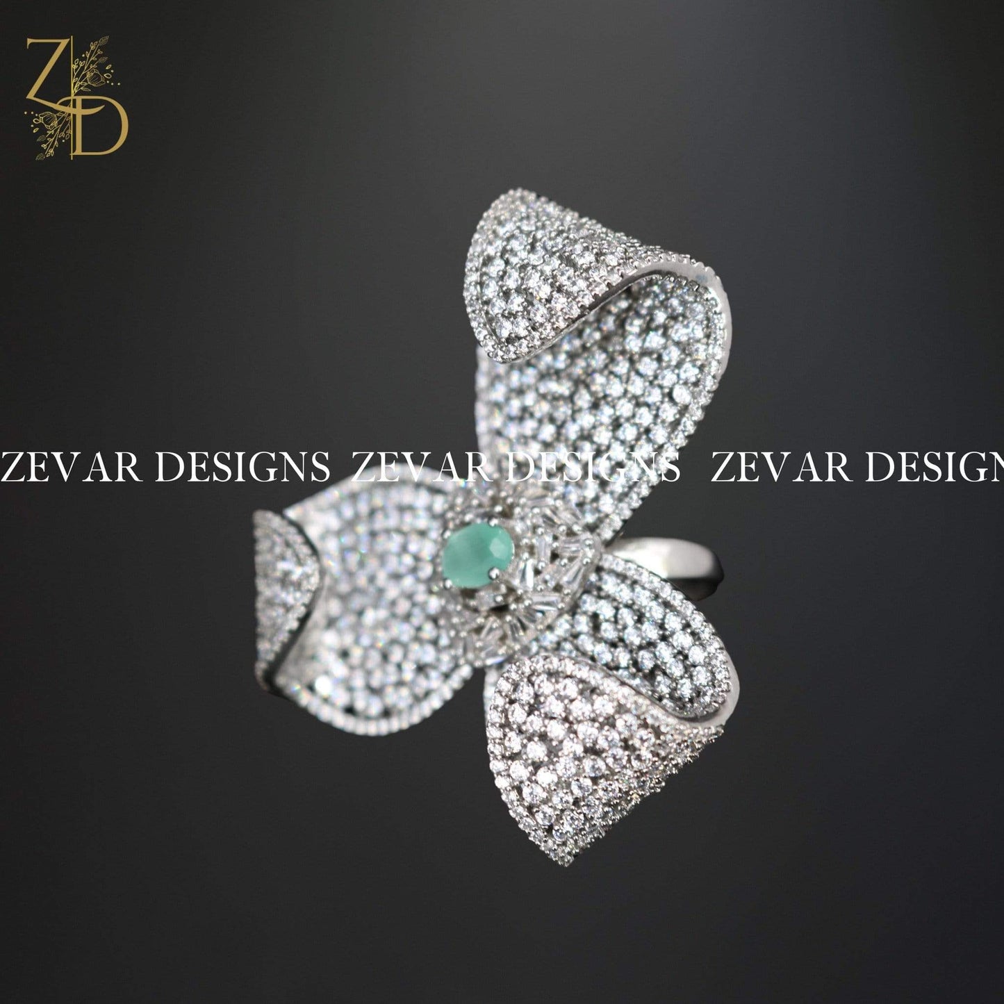 Zevar Designs Zircon Ring Zircon Oversize Flower Ring - White Rhodium and Mint
