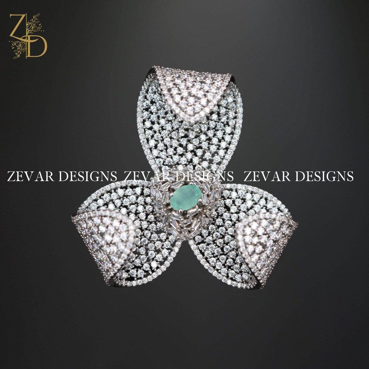 Zevar Designs Zircon Ring Zircon Oversize Flower Ring - White Rhodium and Mint