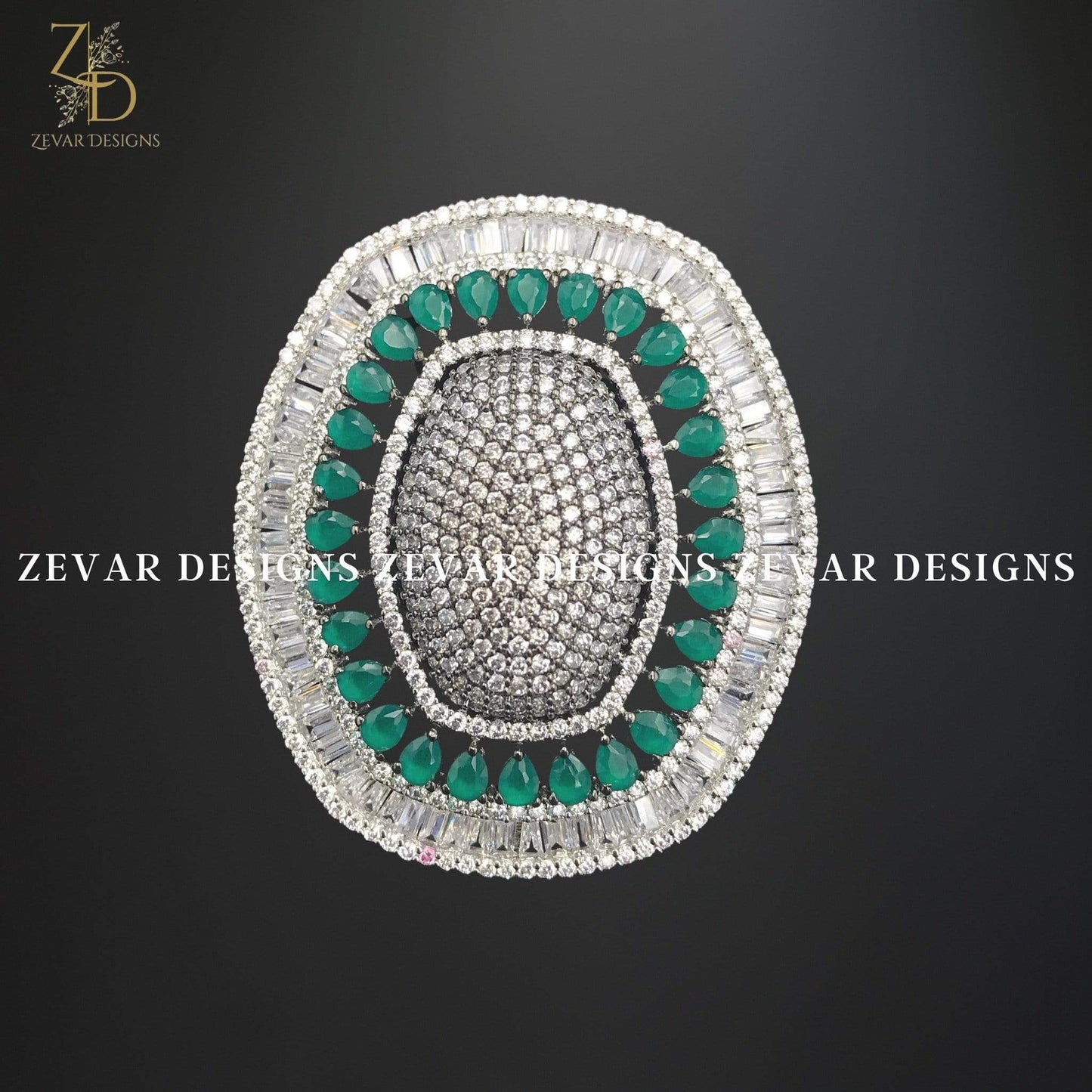 Zevar Designs Zircon Ring Zircon Oversize Ring in White Rhodium and Green