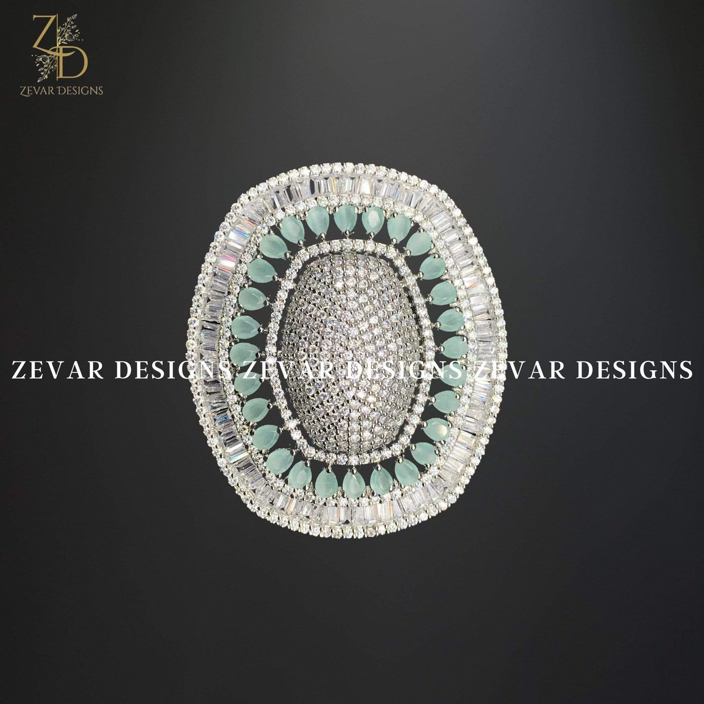 Zevar Designs Zircon Ring Zircon Oversize Ring in White Rhodium and Mint