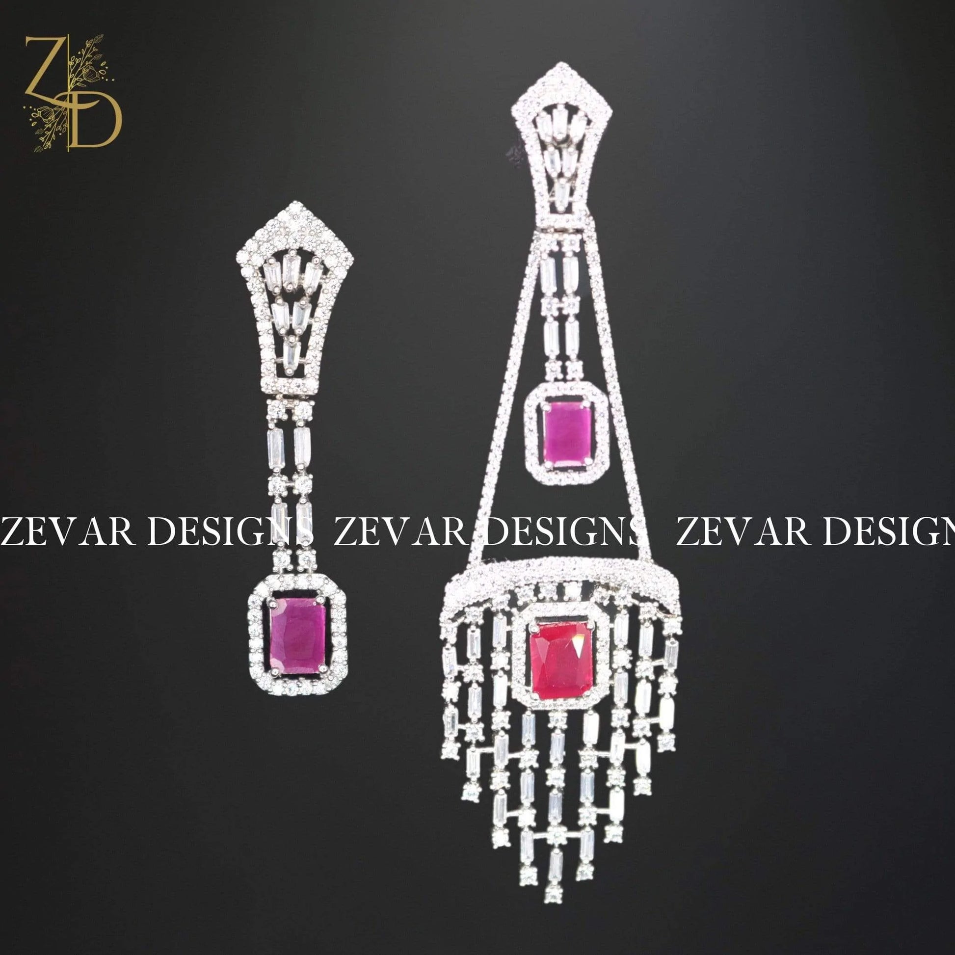 Zevar Designs Zircon Earrings Zirconia 2 in 1 Earrings in Ruby Red and White Rhodium