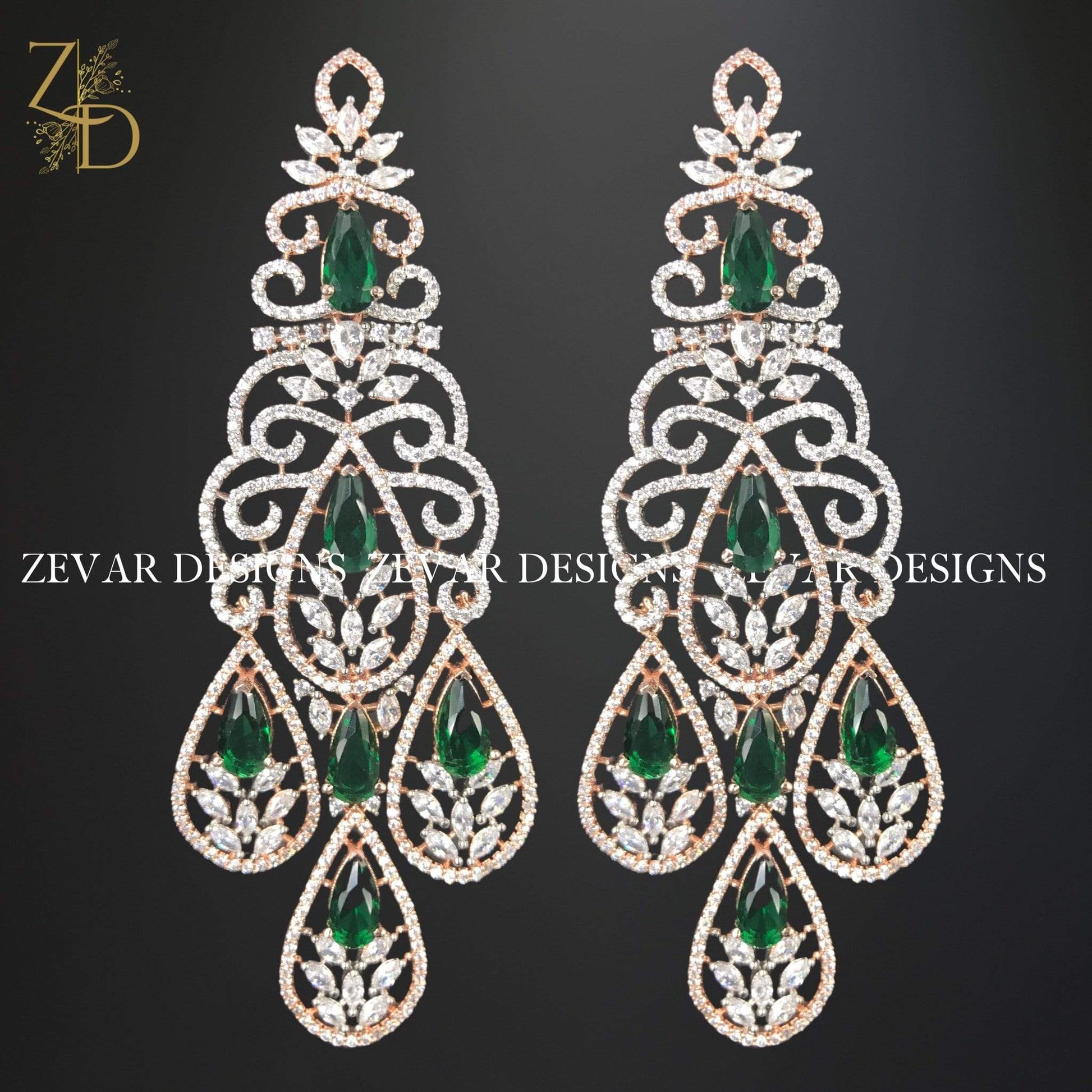 Zevar Designs Zirconia Earrings in Emerald Green and Rose Gold