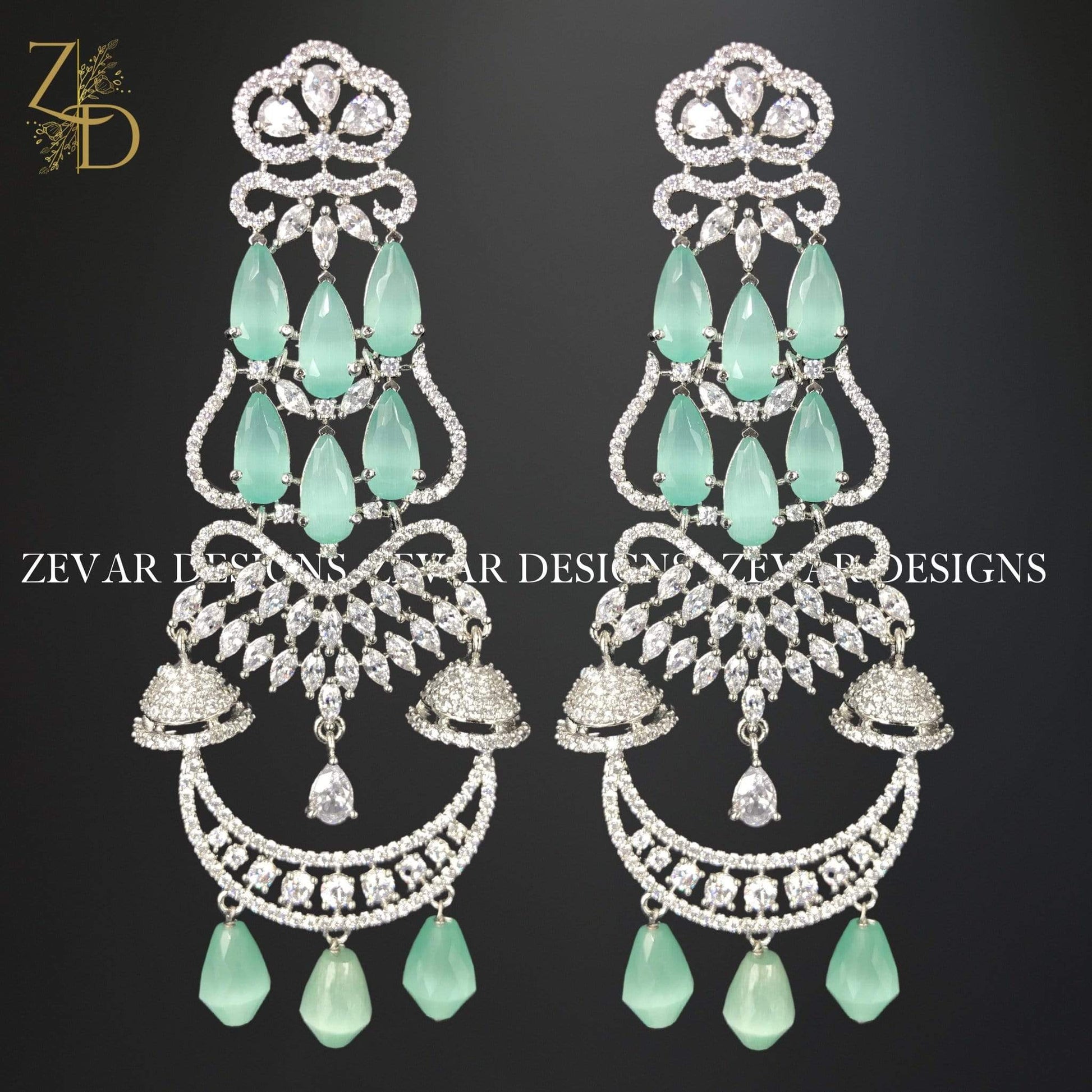 Zevar Designs Zirconia Earrings in Mint Green and White Rhodium