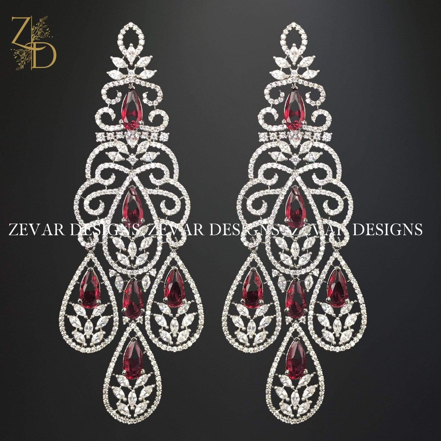 Zevar Designs Zirconia Earrings in Ruby Red and Black Rhodium