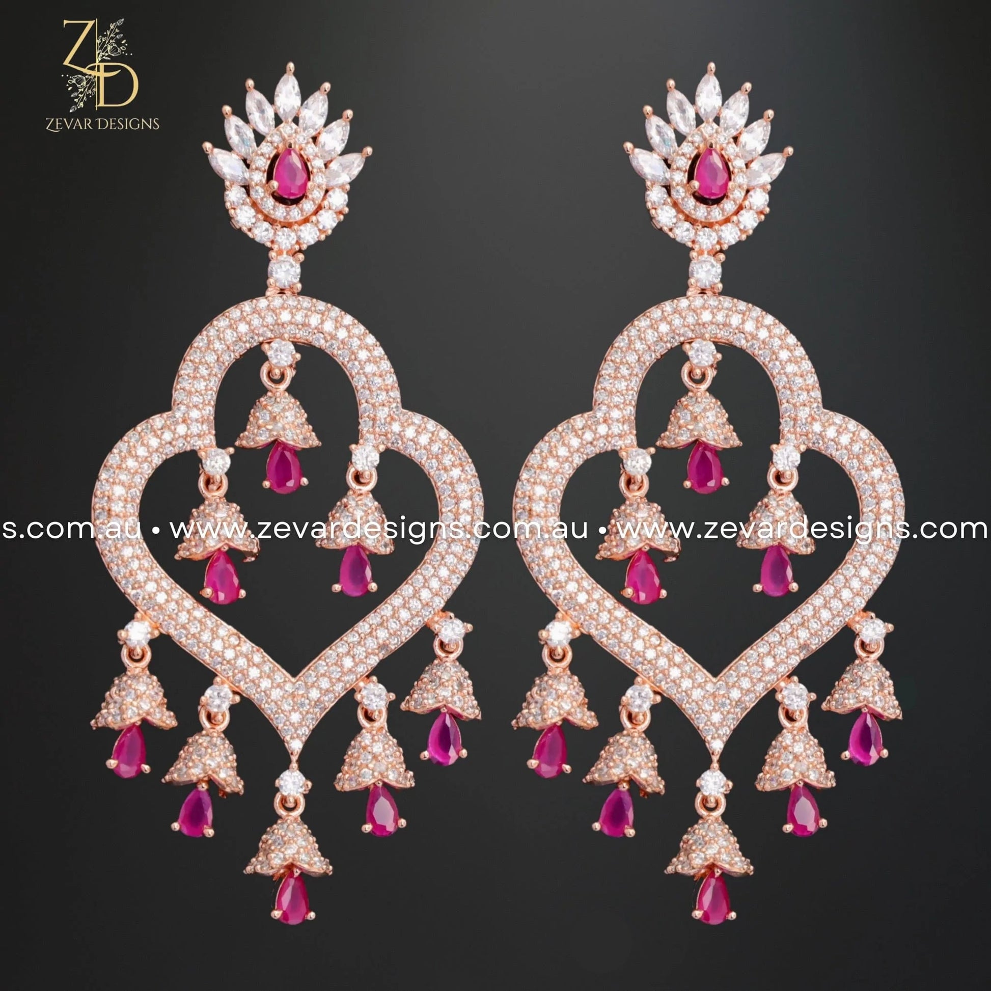 Zevar Designs Indo-Western Earrings Zirconia Earrings - Rose Gold Finish with Red Drops