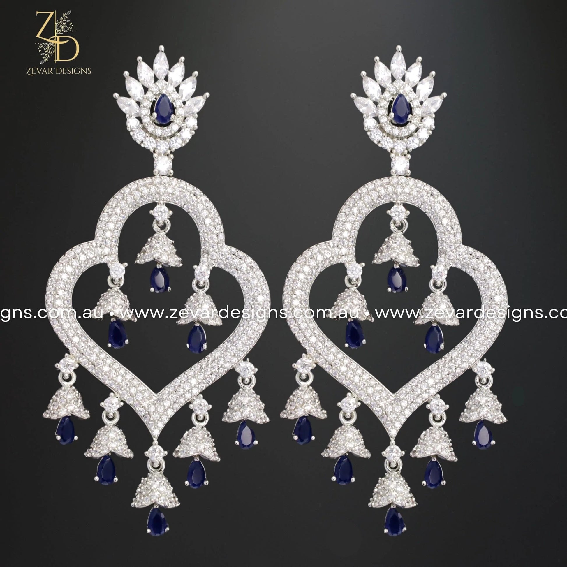 Zevar Designs Indo-Western Earrings Zirconia Earrings - Sapphire Blue Drops