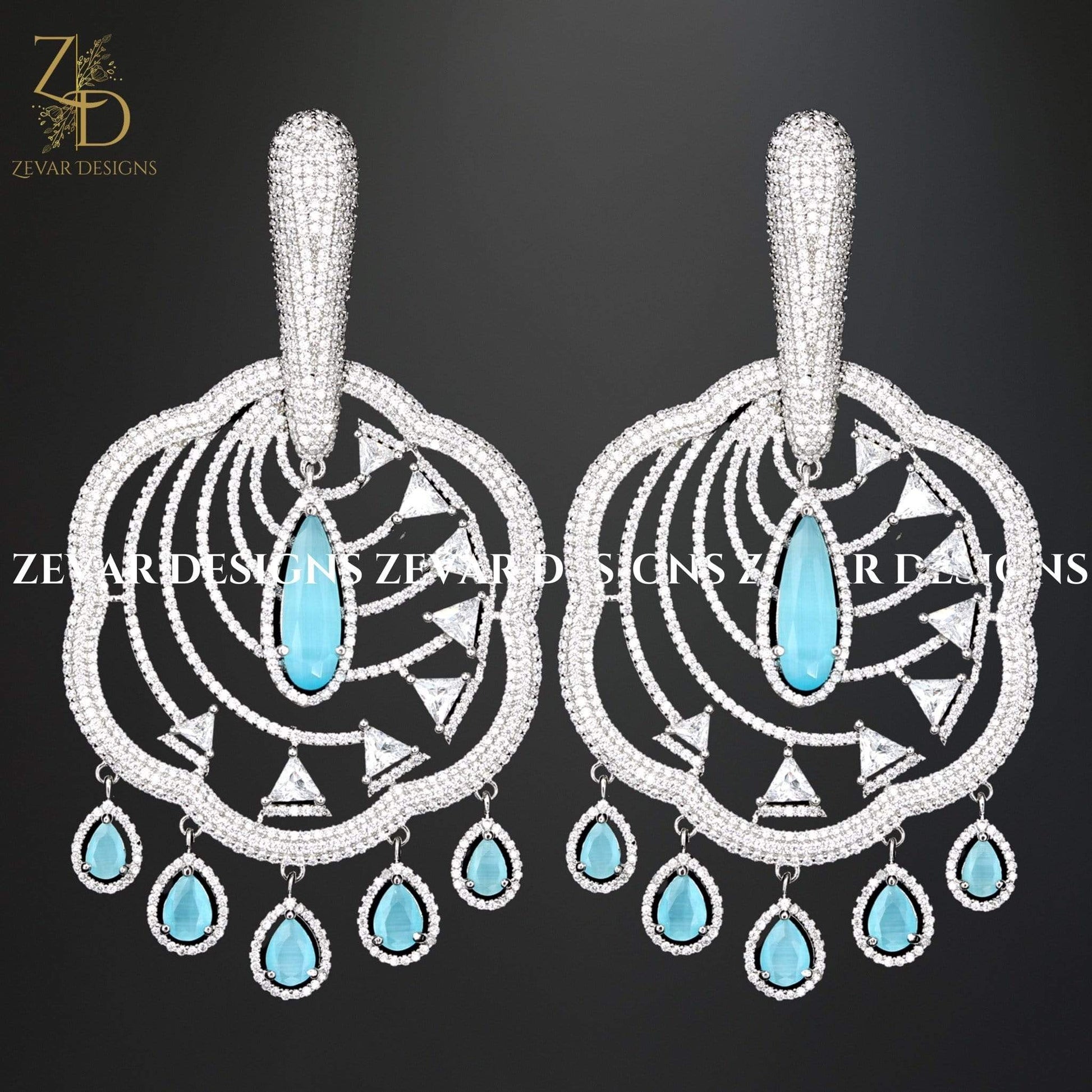 Zevar Designs Zircon Earrings Zirconia Statement Earrings - Ocean Blue